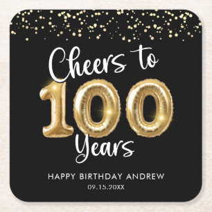 100ste verjaardag Proost op 100 jaar Zwarte Goud Vierkante Kartonnen Onderzetter