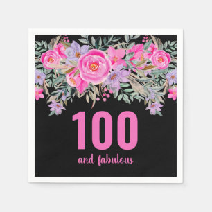 100ste verjaardag roze zwart bloemenfeestje servet