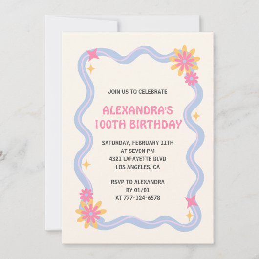 100ste verjaardag uitnodiging Retro Groovy Pink (Voorkant)