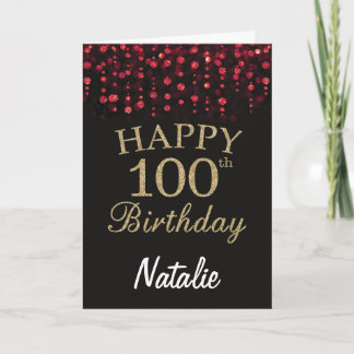 100ste verjaardag Zwart en Rood Goud Glitter Kaart