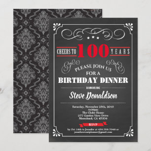 100ste verjaardagsfeest krijtbord retro rood zwart kaart