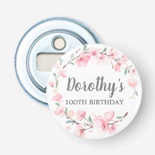 100ste Verjaardagsfeest Roze Kersenbloesem Bloemst Button Flesopener