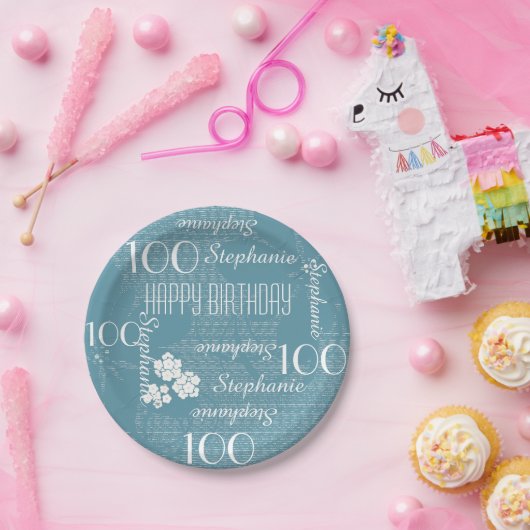 100ste verjaardagsfeestje, naam, effen blauwe bloe papieren bordje (Feest)