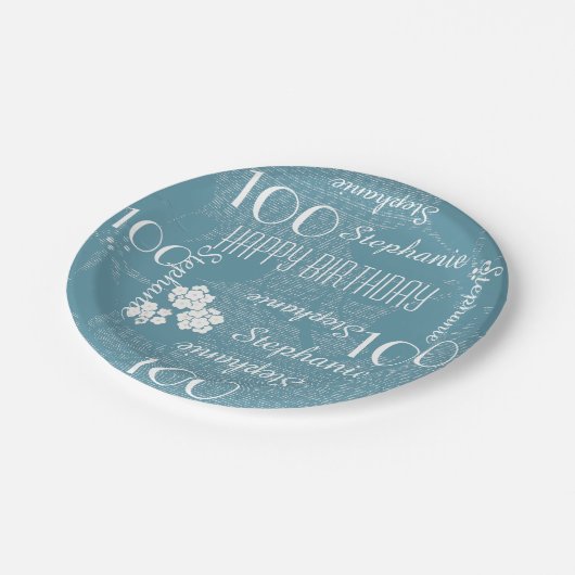 100ste verjaardagsfeestje, naam, effen blauwe bloe papieren bordje (Gekanteld)