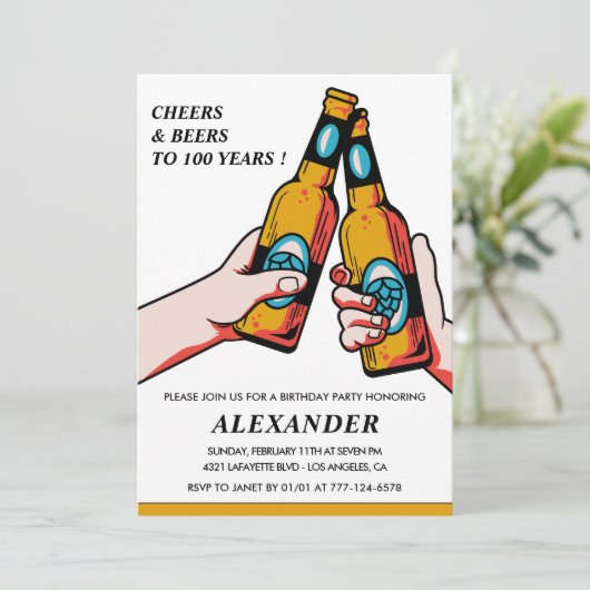 100ste verjaardagsuitnodiging Cheers Beers Mannen Kaart (Staand voorkant)