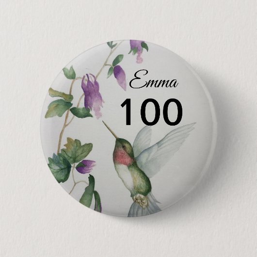 100th Birthday Bird Flowers Button (Voorkant)