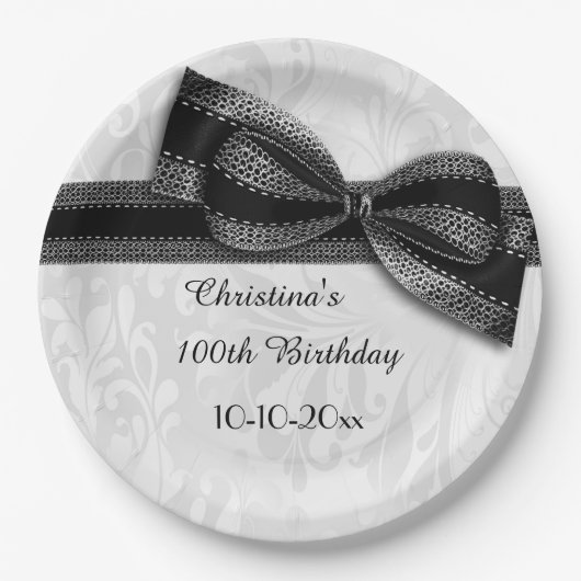 100th Birthday Black Damask en Faux Bow Papieren Bordje (Voorkant)