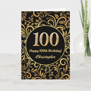 100th Birthday Black en Gold Floral Pattern Kaart