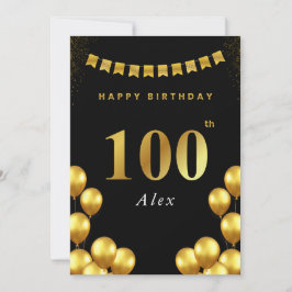 100th Birthday Card Black and Gold Balloons Kaart