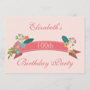 100th Birthday  Flowers Pink Banner Kaart