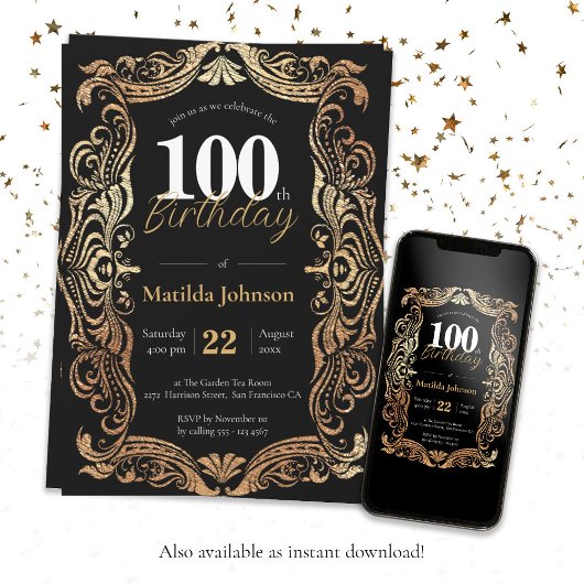 100th Birthday Gold Black Glamorous Boho  Kaart