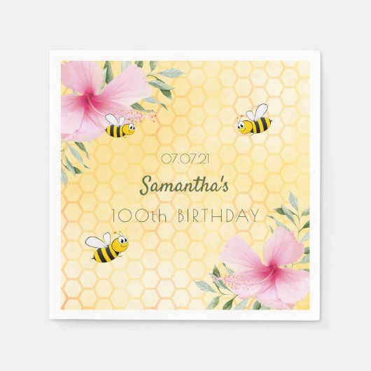 100th Birthday hommels honingraat gele flora Servet (Voorkant)