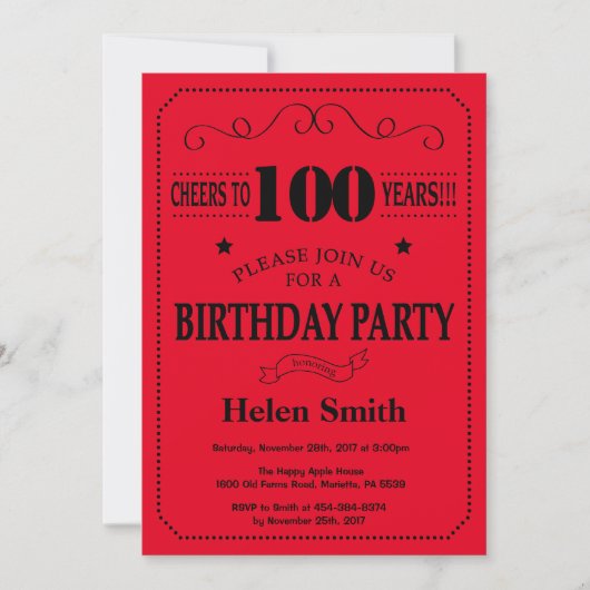 100th Birthday Invitation Black and Red Kaart (Voorkant)