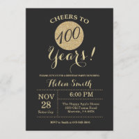 100th Birthday Invitation Black en Gold Glitter