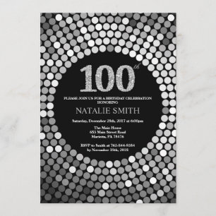 100th Birthday Invitation Black en Silver Glitter Kaart