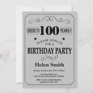 100th Birthday Invitation Black en Silver Grey Kaart