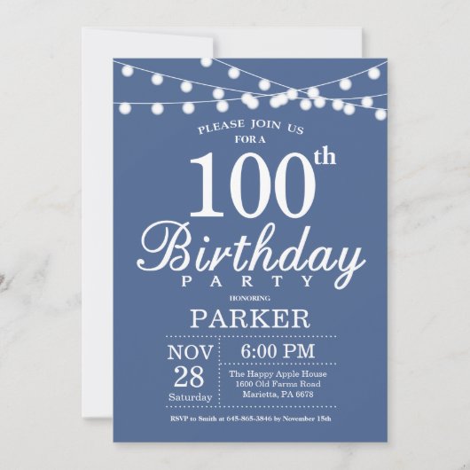 100th Birthday Invitation Blue (Devant)