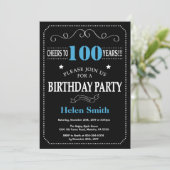 100th Birthday Invitation Blue Black Chalkboard Kaart (Staand voorkant)