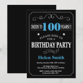 100th Birthday Invitation Blue Black Chalkboard Kaart (Voorkant / Achterkant)