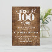 100th Birthday Invitation Brown Linen Rustic Cheer Kaart (Staand voorkant)