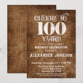 100th Birthday Invitation Brown Linen Rustic Cheer Kaart (Voorkant / Achterkant)