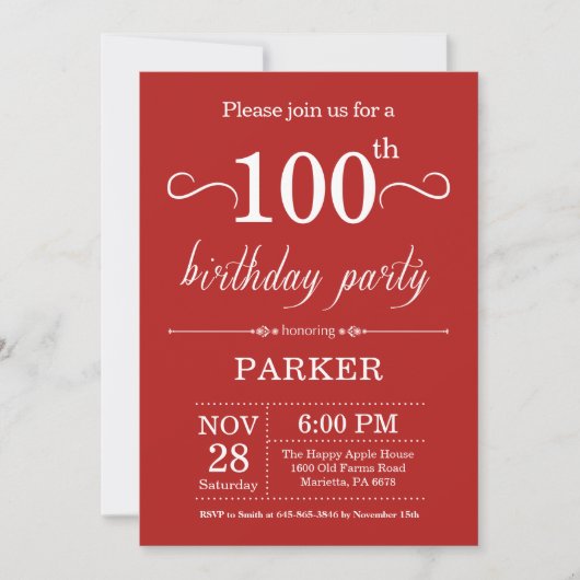 100th Birthday Invitation Red Kaart (Voorkant)