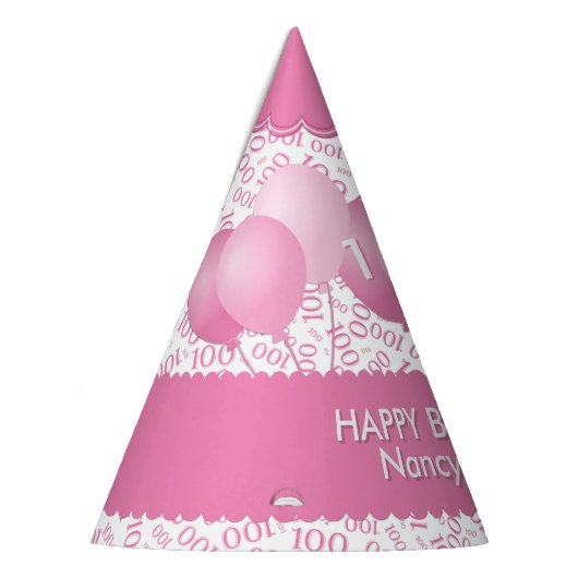 100th Birthday Number Pattern Pink/White Scallops Feesthoedjes (Links)