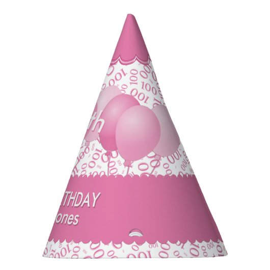 100th Birthday Number Pattern Pink/White Scallops Feesthoedjes (Rechts)