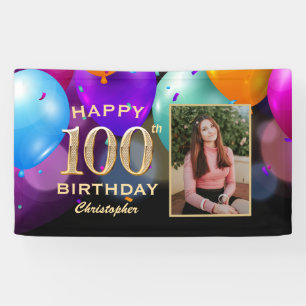 100th Birthday Party Black and Gold Balloons Foto Spandoek