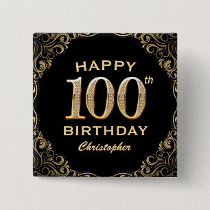 100th Birthday Party Black and Gold Glitter Lijst Vierkante Button 5,1 Cm