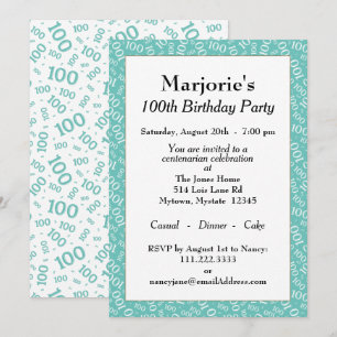 100th Birthday Party Blauwgroen/White Number Patte Kaart