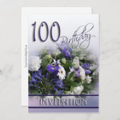 100th Birthday Party Invitation - Blue Bouquet Kaart (Voorkant / Achterkant)