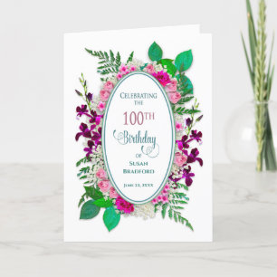 100th Birthday Party Invitation, Oval met Flowers Kaart