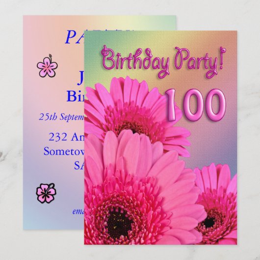 100th Birthday party, uitnodiging met roze bloemen (Voorkant / Achterkant)