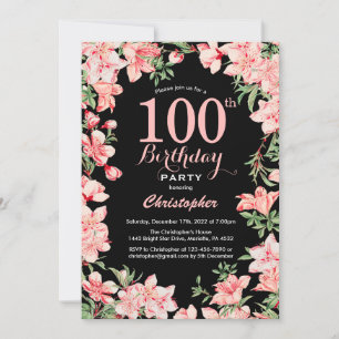 100th Birthday Pink Floral Flowers Black Backgroun Kaart