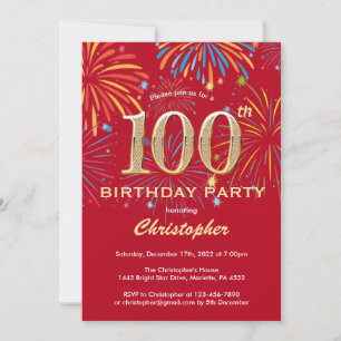 100th Birthday Red en Gold Rainbow Fireworks Kaart