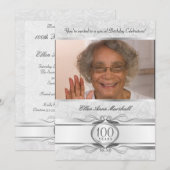 100th Birthday - Silver Damask Photo Invitation Kaart (Voorkant / Achterkant)