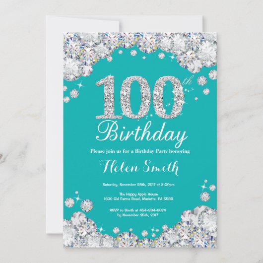 100th Invitation Teal d'anniversaire et diamant (Devant)