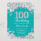 100th Invitation Teal d'anniversaire et diamant (Devant / Derrière)