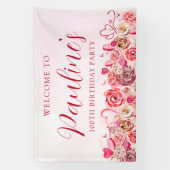 100th Verjaardag Roze Rose Swirly Heart Welkom Spandoek (Verticaal)