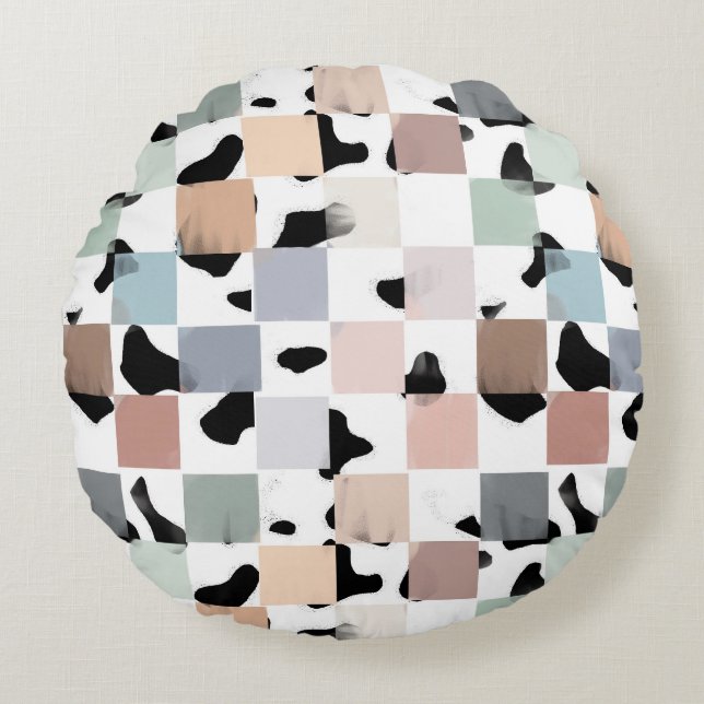 101 Koeien + Pastel Chalk Checker Rond Kussen (Voorkant)