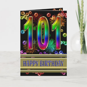 101e verjaardag met regenboogbubbels en vuurwerk kaart