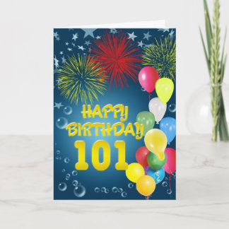 101e verjaardagskaart met vuurwerk en ballonnen kaart