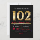 102e anniversaire Gold Black Party Invitation (Devant)