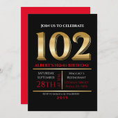 102e anniversaire Gold Black Party Invitation (Devant / Derrière)
