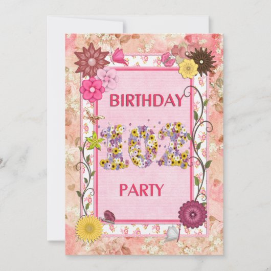 102e anniversaire invitation fête avec cadre fleur (Devant)