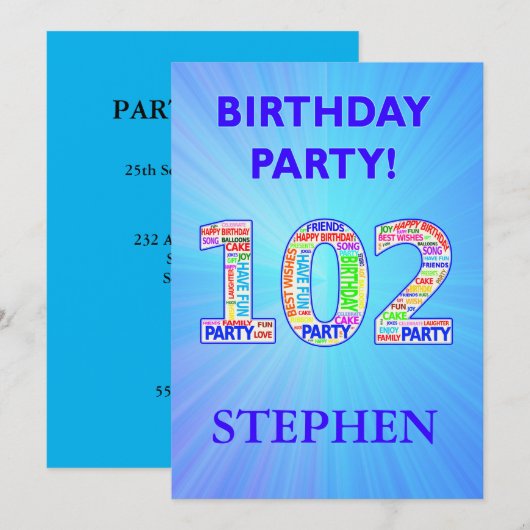 102e Invitation de fête d'anniversaire Ajouter un  (Devant / Derrière)