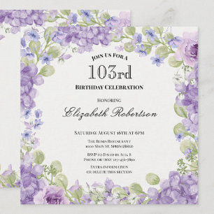 103e verjaardagsuitnodiging Elegante paarse bloeme Kaart