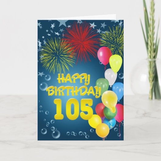 105e verjaardagskaart met vuurwerk en ballonnen kaart (Voorkant)