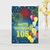 105e verjaardagskaart met vuurwerk en ballonnen kaart (Gele Bloem)
